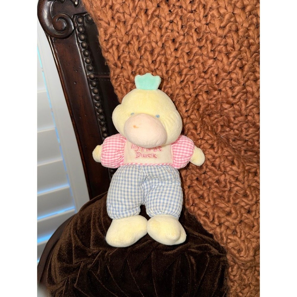 Vintage Soft Dreams My First Duck Plush Yellow Gingham Overalls Toy 23038 9.5in